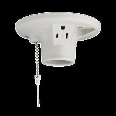 Porcelain Lamp Holder with Pull-Chain and Outlet